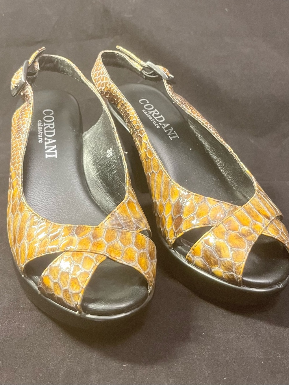 Cordani Yellow-Brown-Green Snake-Print Slingback Peep-Toe Sandals